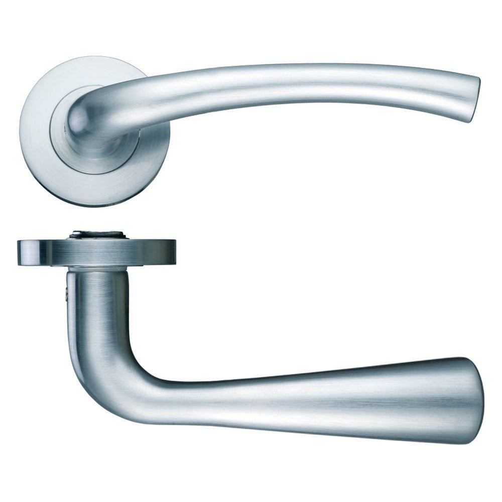 Zoo Hardware Assisi Lever - Screw On Rose in brushed nickel finish, featuring a curved lever design and round rose plate, both made of durable metal.
