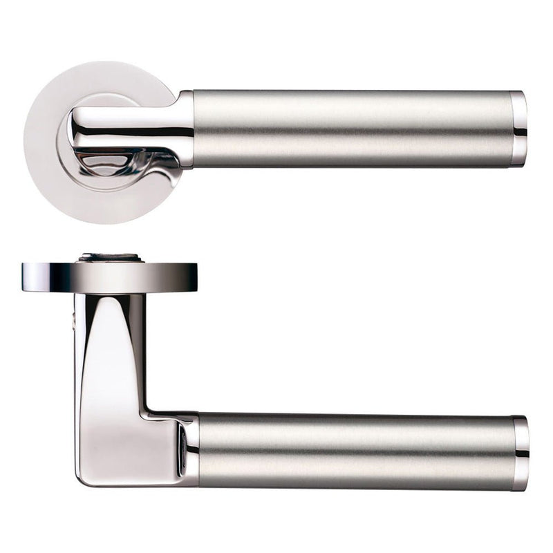 Zoo Hardware Milan Lever - Screw On Rose in a dual finish, featuring a sleek design with a round rose and elongated lever handles. The material is metal with a polished chrome and brushed nickel finish.