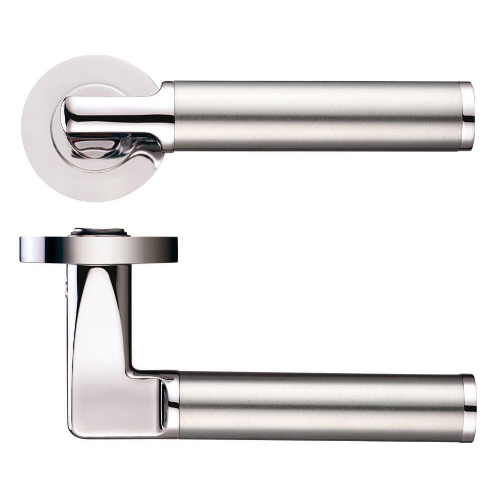 Zoo Hardware Milan Lever - Screw On Rose in dual finish, featuring a sleek design with a cylindrical handle and a round backplate, made of durable metal for enhanced longevity.