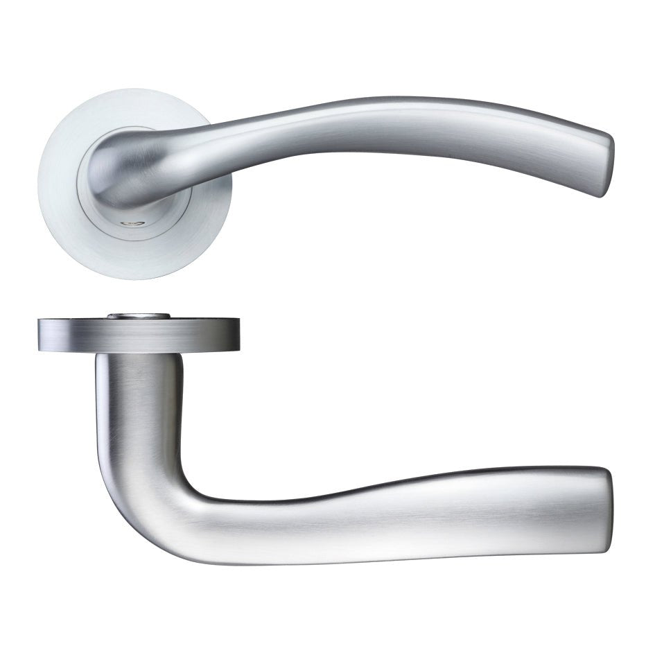 Zoo Hardware Siena Lever - Screw On Rose in a sleek silver finish, featuring an ergonomic curved handle design and a round rose plate for secure mounting.