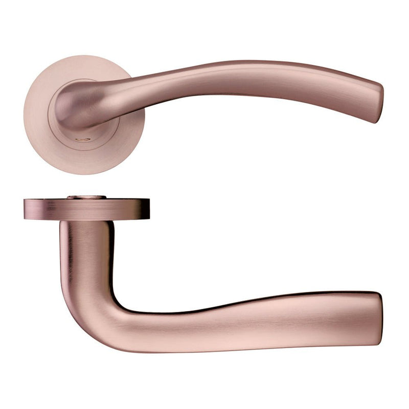 Zoo Hardware Siena Lever - Screw On Rose in a rose gold finish, featuring a sleek curved design and a round rose plate for secure installation, designed for interior doors.