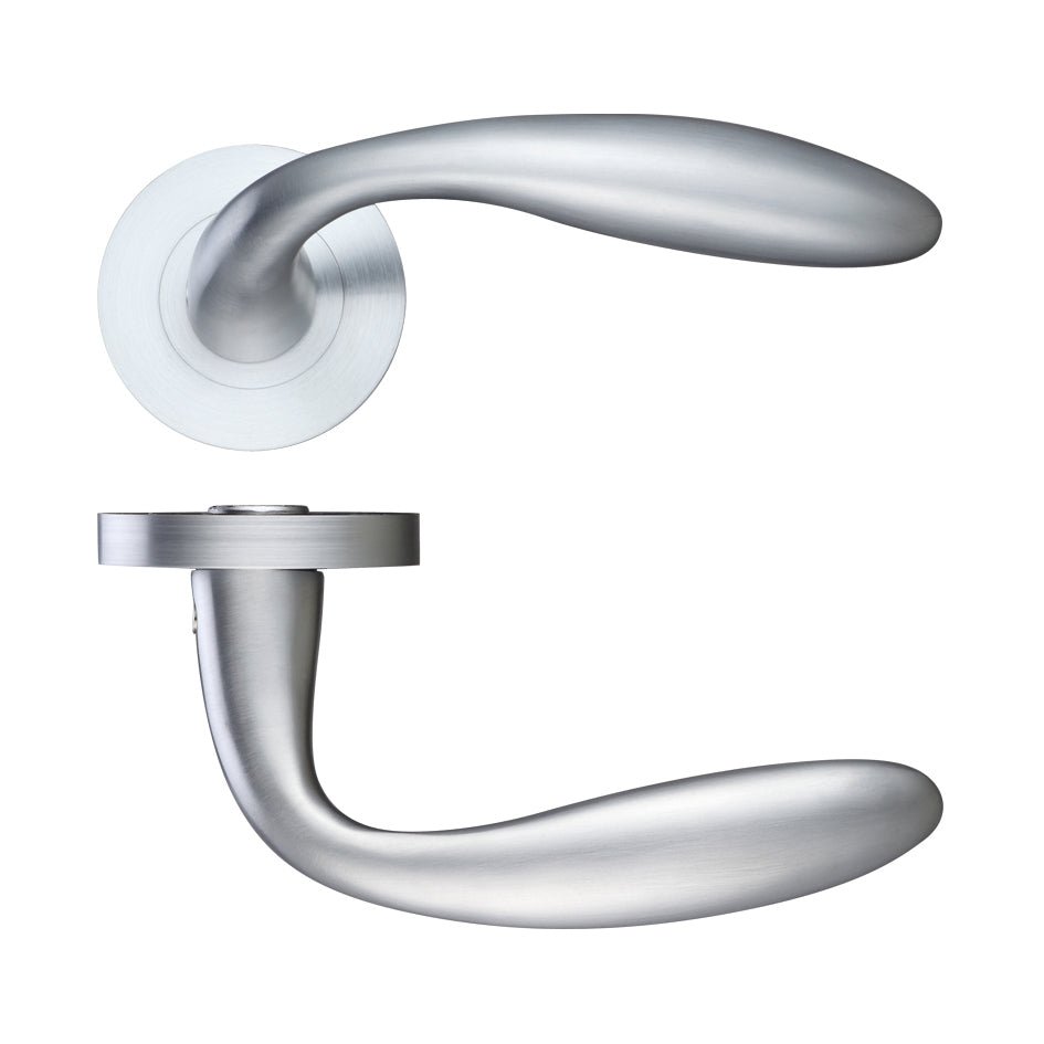 Zoo Hardware Verona Lever - Screw on Rose in brushed nickel finish, featuring a sleek, curved handle design and a circular rose plate for mounting.