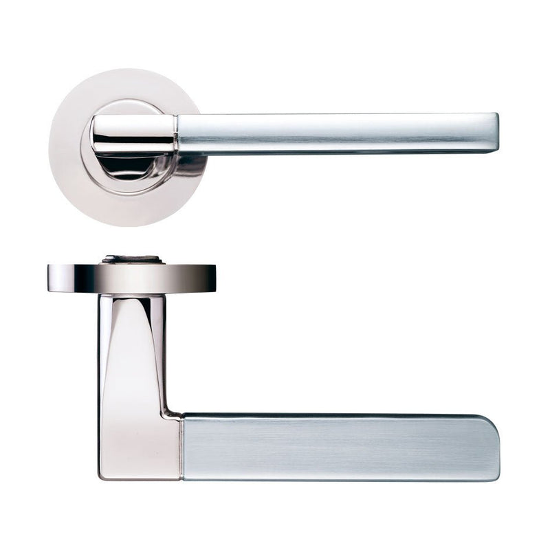 Zoo Hardware Venice Lever - Screw On Rose in dual finish, featuring a sleek design with a rounded rose and a flat lever handle, showcasing a combination of polished and brushed metal finishes.