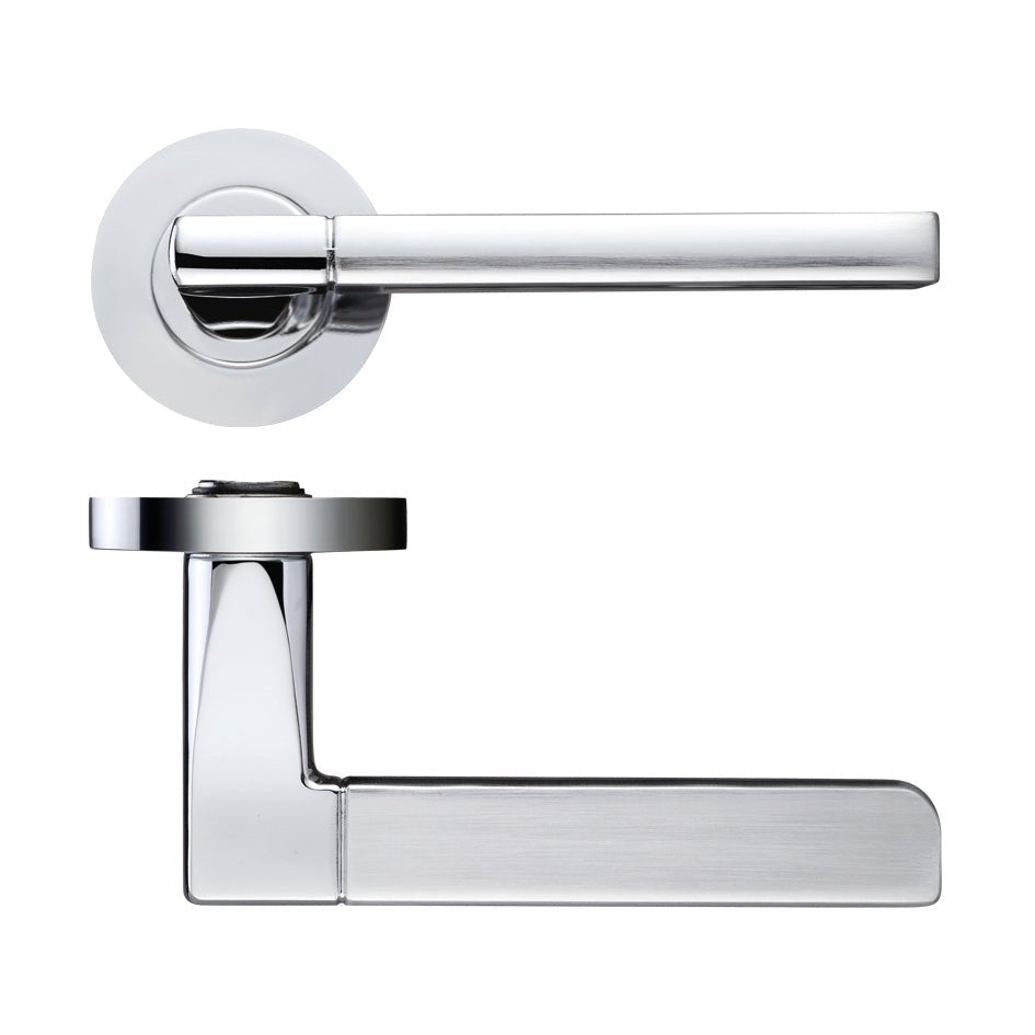 Zoo Hardware Venice Lever - Screw On Rose in a dual finish, featuring a sleek chrome lever design with a circular rose. The handle showcases a polished chrome surface and a brushed finish for a modern look.