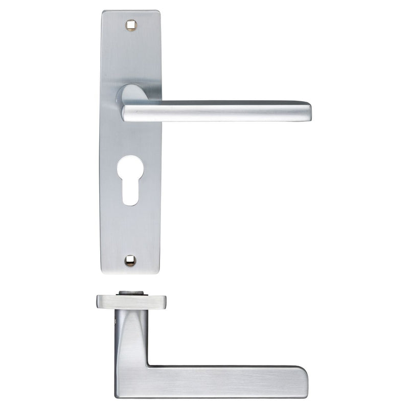 Zoo Hardware Venice Lever Euro Lock with 47.5mm centres, on a rectangular backplate measuring 180x43mm. The design features a sleek silver finish with a lever handle and a keyhole cutout.