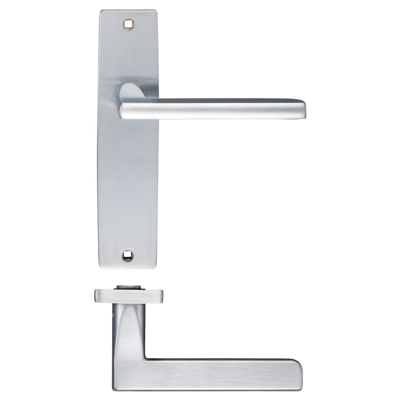 Zoo Hardware Venice Lever Latch On Backplate in a polished stainless steel finish, measuring 180x43mm, featuring a sleek lever handle design and a rectangular backplate for secure door locking.