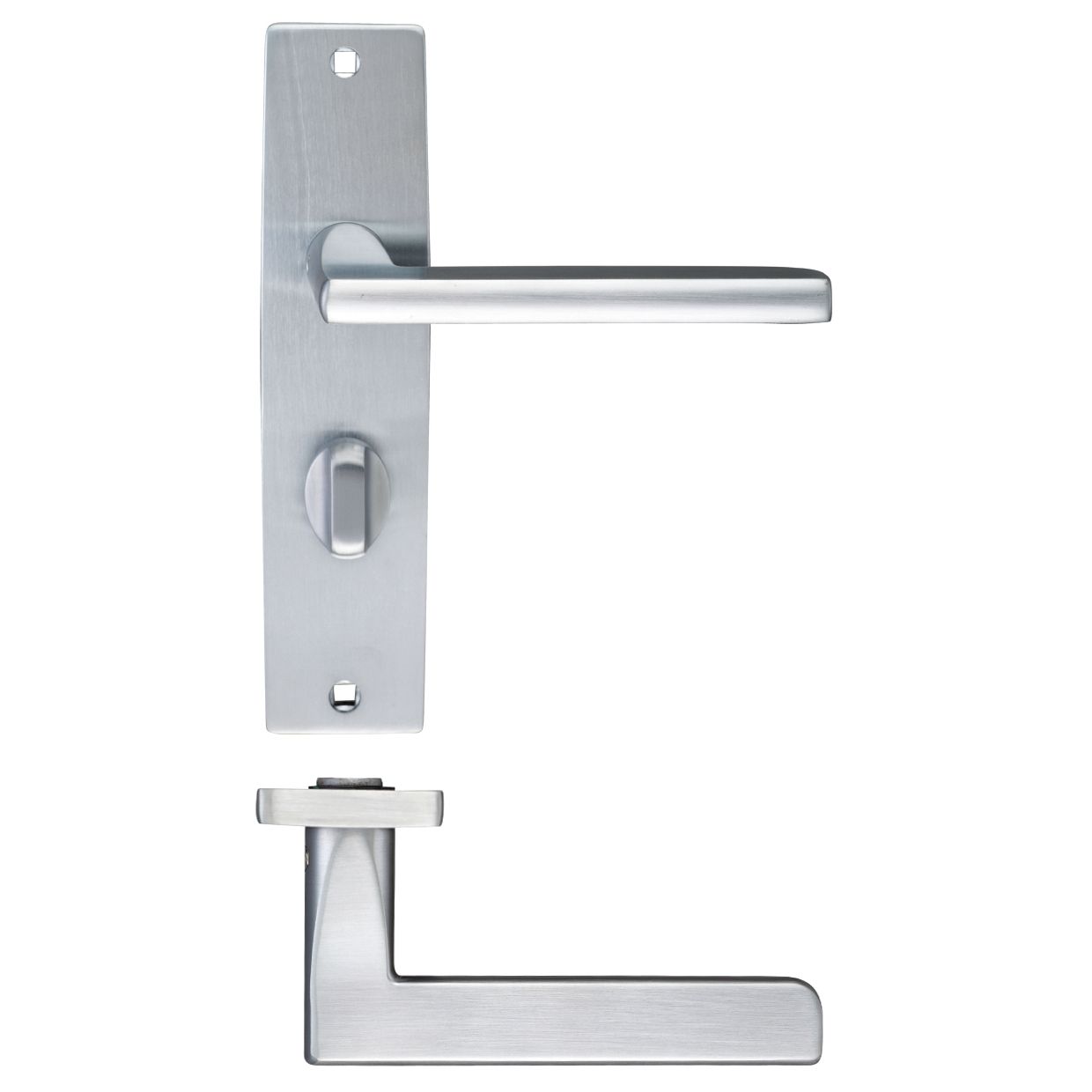 Zoo Hardware Venice Lever Bathroom on Backplate, with 57mm centres, measures 180x43mm. It features a brushed stainless steel finish with a horizontal lever handle and matching backplate.