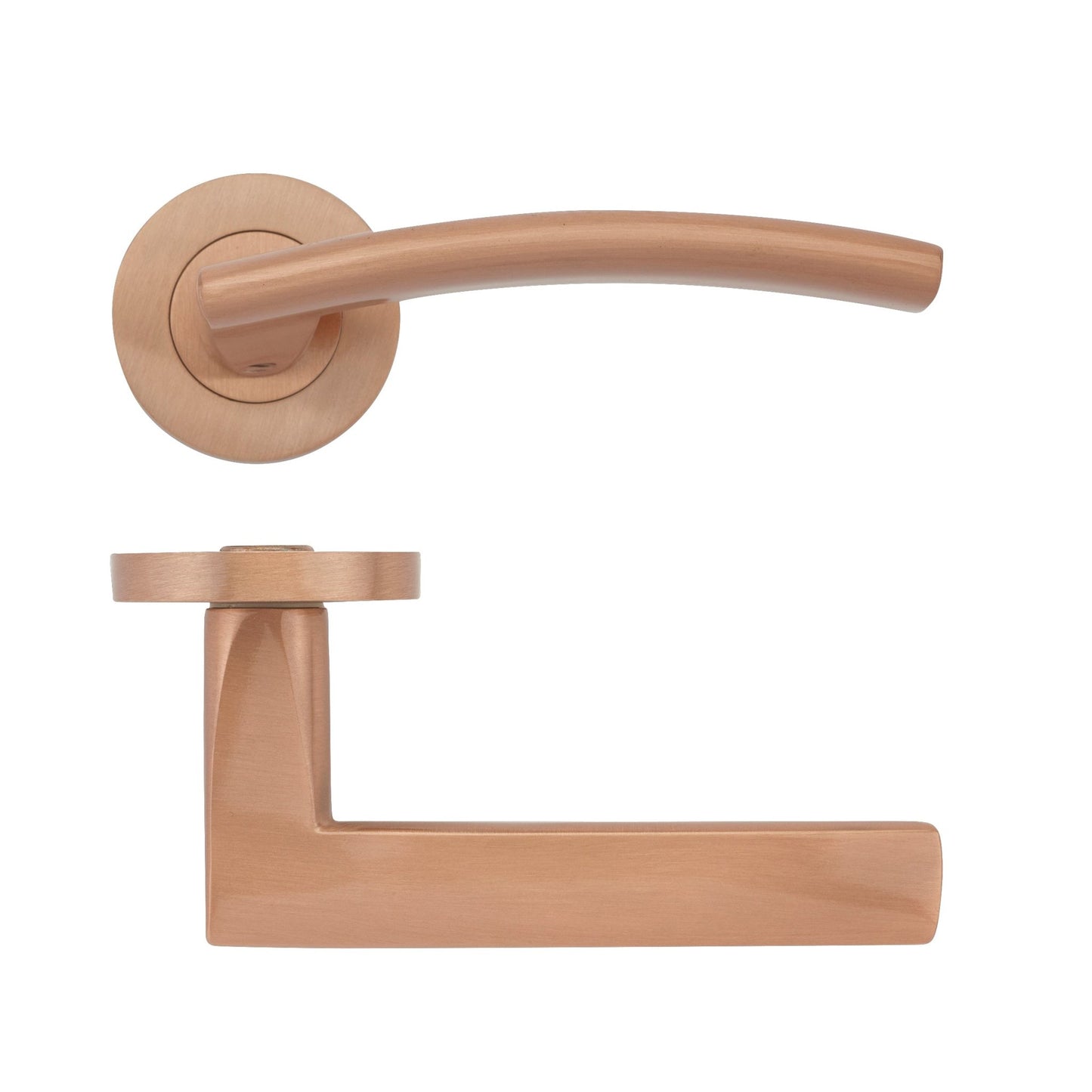Zoo Hardware Amalfi Lever - Screw On Rose in a brushed copper finish, featuring a curved lever handle and a round rose with a modern design.