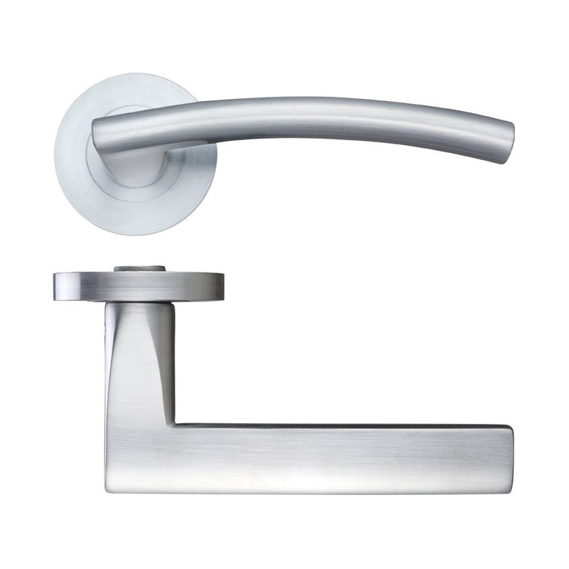 Zoo Hardware Amalfi Lever - Screw On Rose in a satin stainless steel finish, featuring a curved lever design and a square base plate.