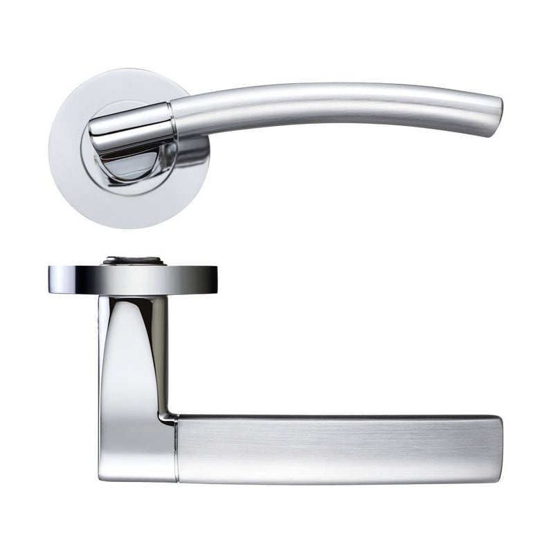 Zoo Hardware Amalfi Lever - Screw On Rose in dual finish featuring a curved handle and a rectangular plate, crafted from metal with a polished chrome and brushed finish.