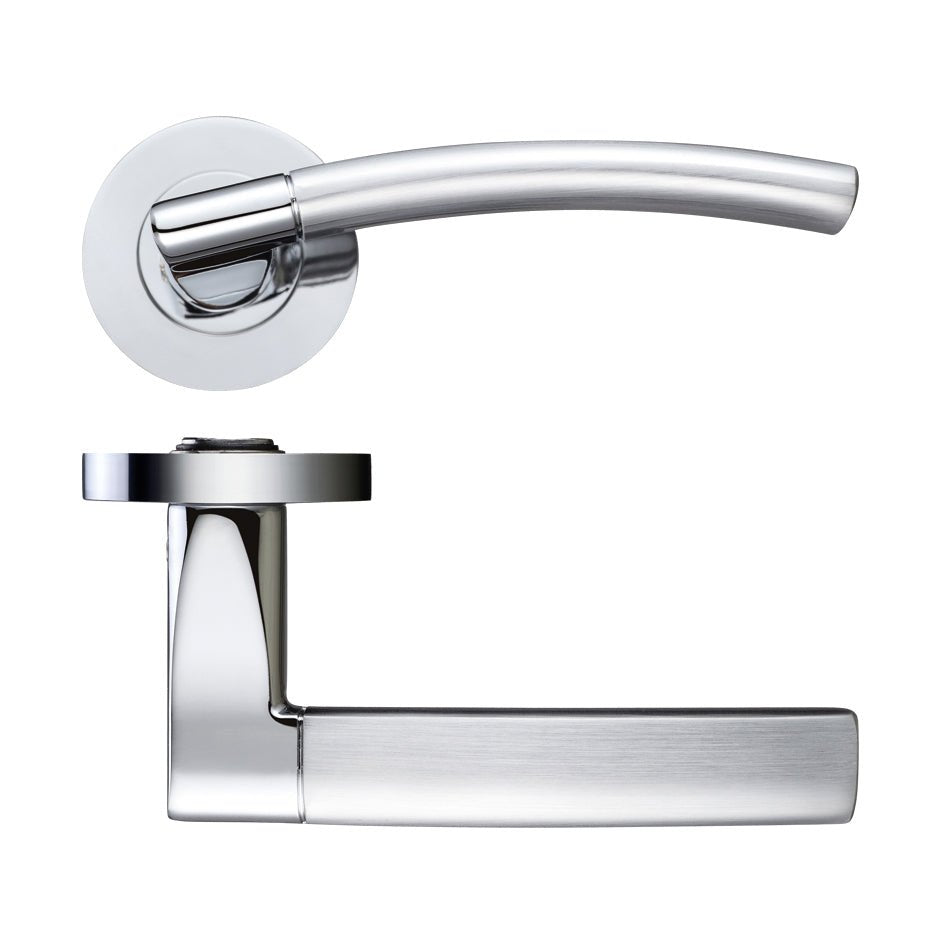 Zoo Hardware Amalfi Lever - Screw On Rose in a dual finish, featuring a curved handle in polished chrome and a rectangular base with a brushed chrome finish, designed for door installations.