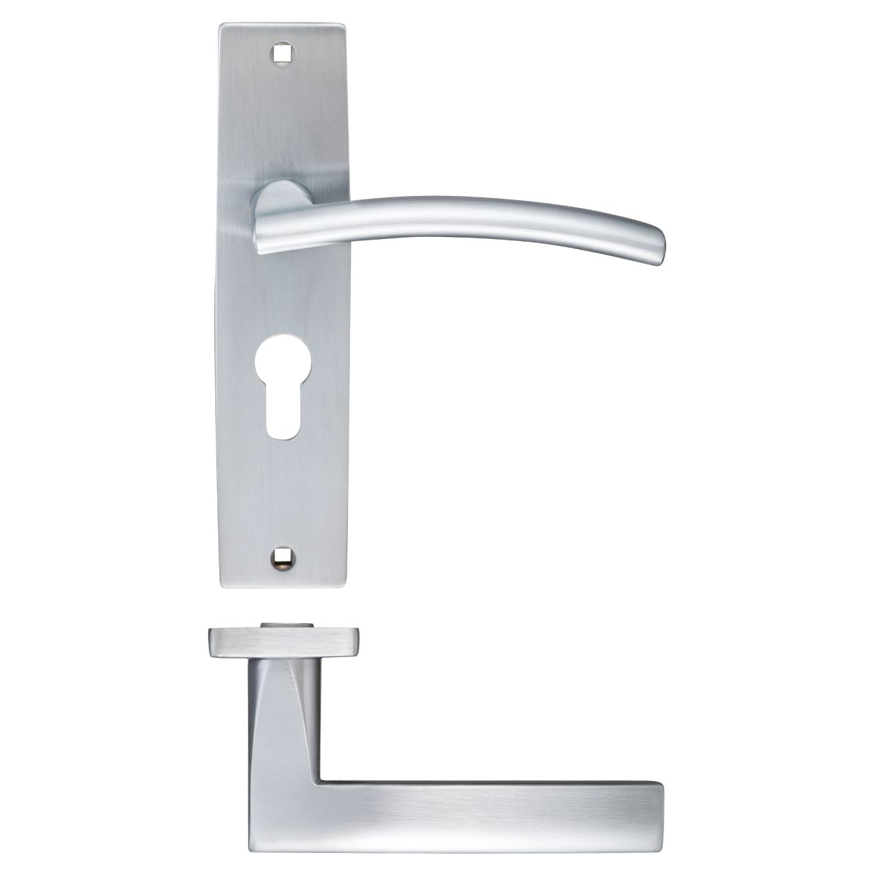 Zoo Hardware Amalfi Lever Euro Lock on backplate, featuring a sleek chrome finish, measures 180x43mm with a lever handle design and keyhole. The product is suitable for 47.5mm centers.