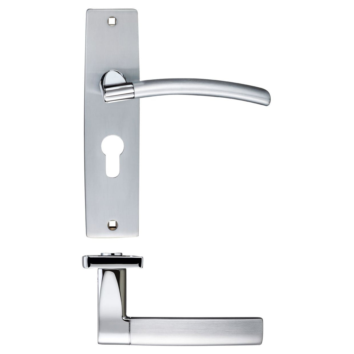Zoo Hardware Amalfi Lever Euro Lock on backplate, measuring 180x43mm with 47.5mm centres. The design features a curved handle and a sleek, polished finish, suitable for various door applications.