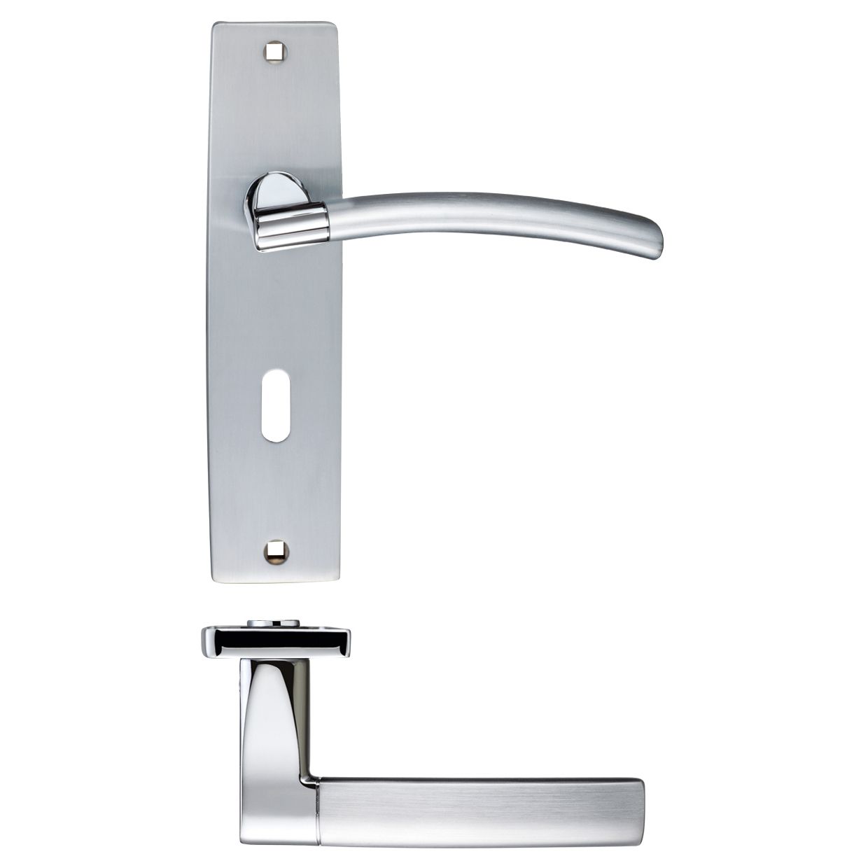 Zoo Hardware Amalfi Lever Lock with 57mm centres on a rectangular backplate measuring 180x43mm, featuring a sleek silver finish and curved lever handle design.