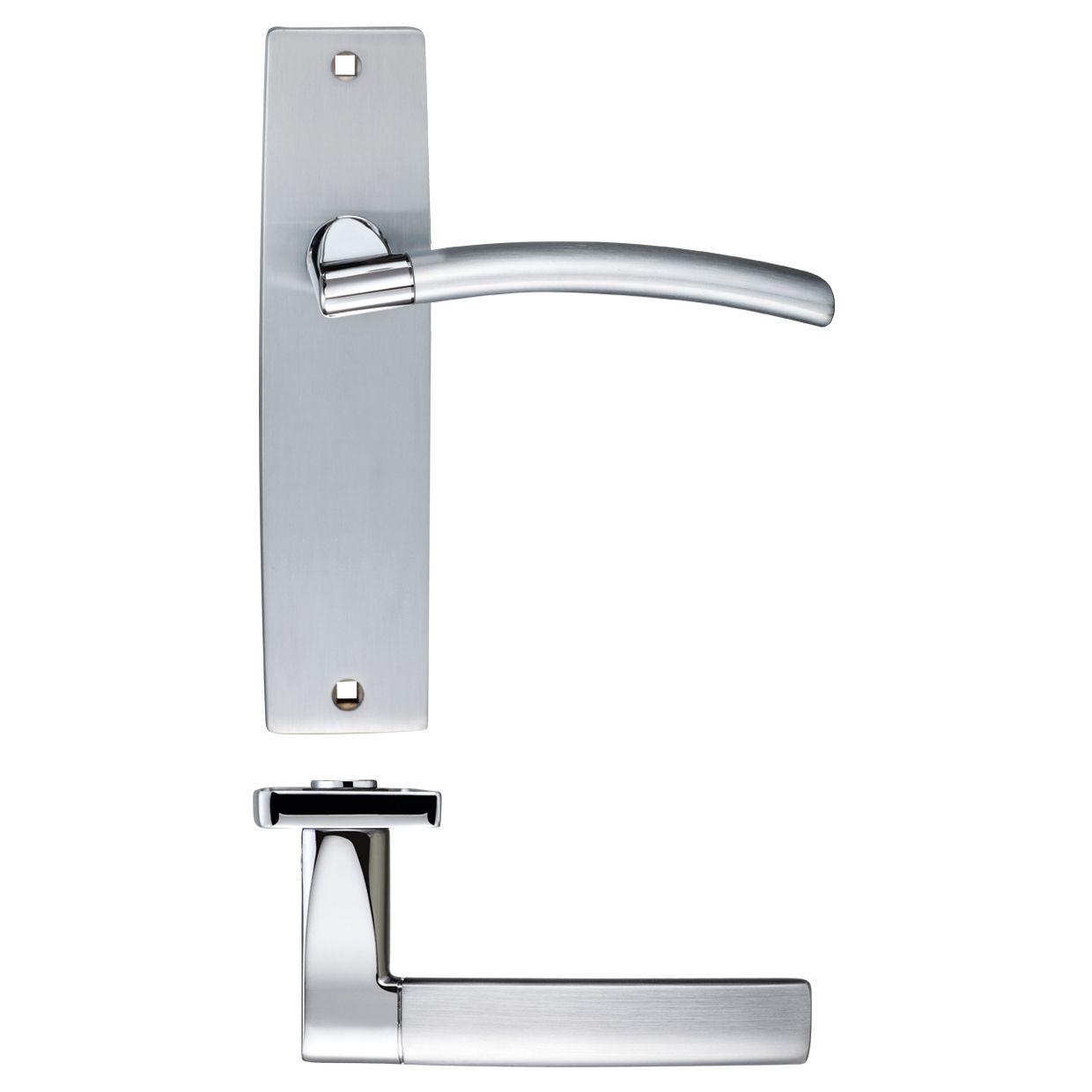 Zoo Hardware Amalfi Lever Latch On Backplate measures 180x43mm, featuring a sleek metallic finish with an arching lever handle mounted on a rectangular backplate.