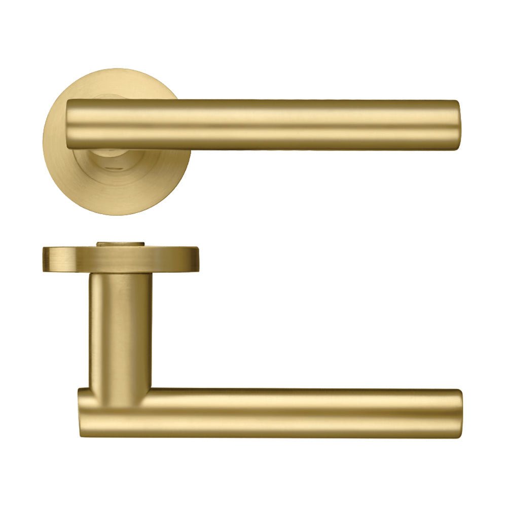 Zoo Hardware Lucca Lever - Screw On Rose in a brushed gold finish, featuring a sleek, modern design with a cylindrical lever and round rose plate.