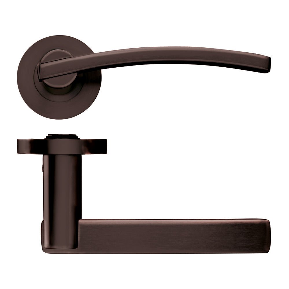 Zoo Hardware Adria Lever on Round Rose in a dark bronze finish, featuring a curved handle and a round base, made of durable metal with a sleek design.