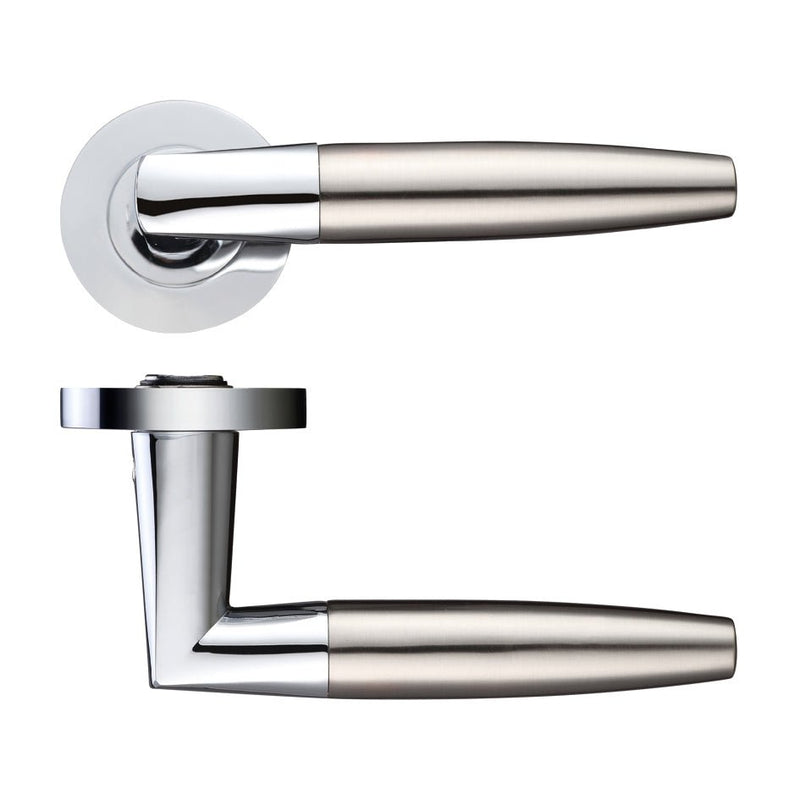 Zoo Hardware Atlanta lever on round rose in polished chrome and satin nickel, featuring sleek, rounded handles and a modern design suitable for various doors.