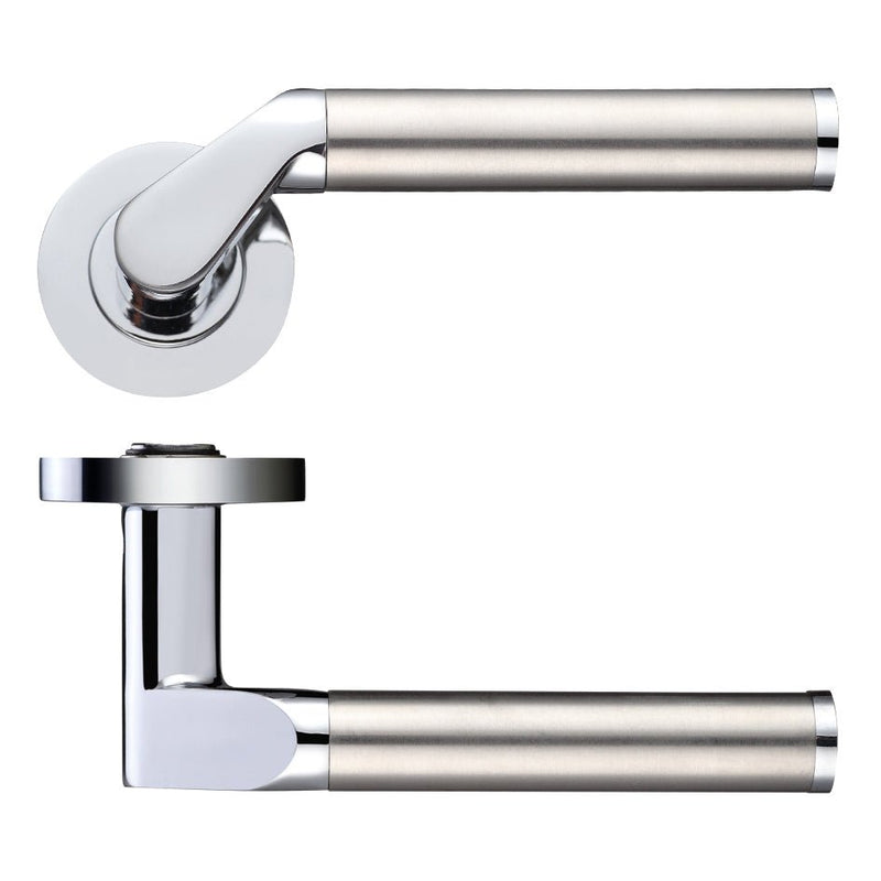 Zoo Hardware Venus lever on round rose with a polished chrome finish and brushed satin handles, featuring a modern design that is suitable for various door types.