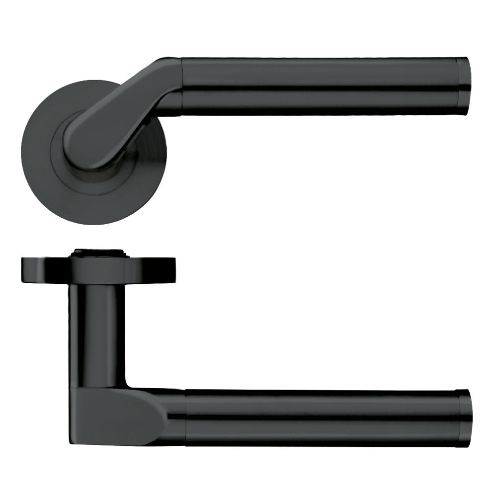Zoo Hardware Venus lever on round rose in a matte black finish, featuring a modern design with curved levers and a rounded rose. The lever is made of durable material suitable for interior doors.