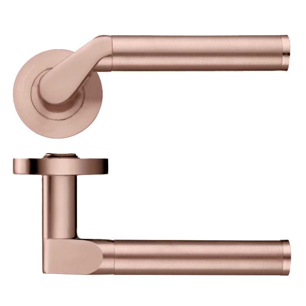 Zoo Hardware Venus lever on round rose in a rose gold finish, featuring a sleek, minimalist design with cylindrical handles and a circular rose.