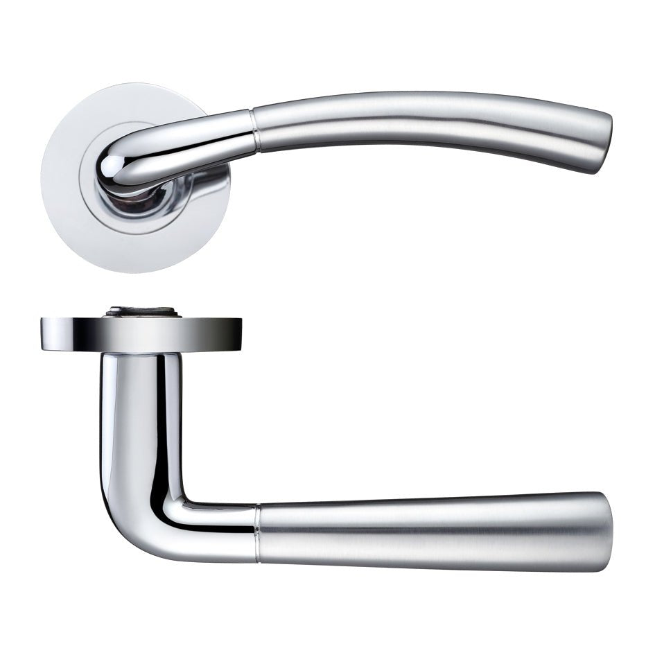 Zoo Hardware Saturn lever on round rose in polished chrome and satin chrome, featuring a sleek handle design with a rounded rose plate and a clean line aesthetic.