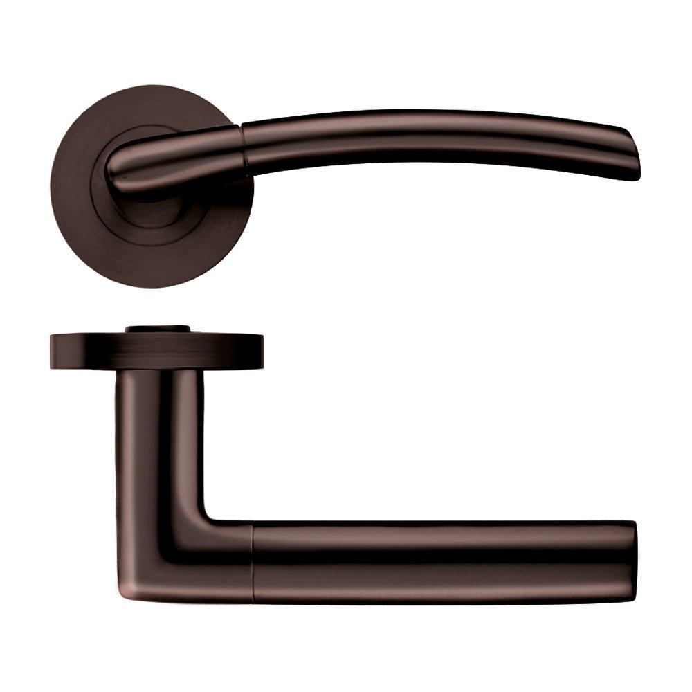 Zoo Hardware Olympus lever on round rose in a dark bronze finish, featuring a sleek curved lever and a circular rose, designed for door installation.