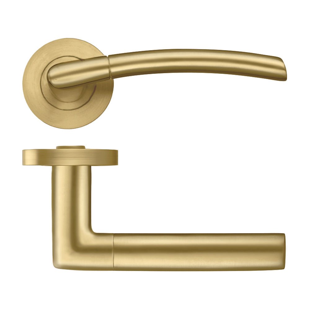Zoo Hardware Olympus lever on round rose in a brushed gold finish, featuring a contemporary lever design and a smooth round rose plate.