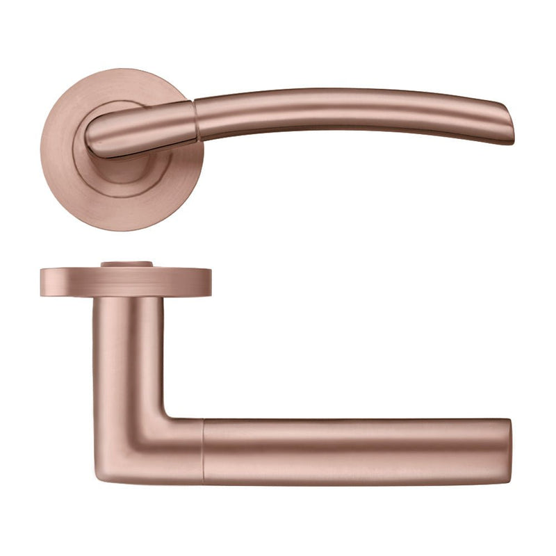 Zoo Hardware Olympus lever on round rose in a warm bronze finish, featuring a sleek, modern curved lever design with a circular rose plate.