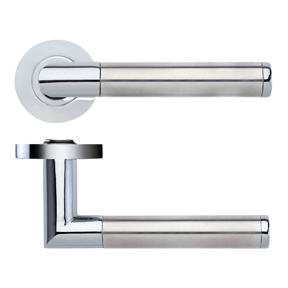 Zoo Hardware Luna lever on round rose in polished chrome stainless steel, featuring a sleek, contemporary design with cylindrical grips and a round rose backplate.