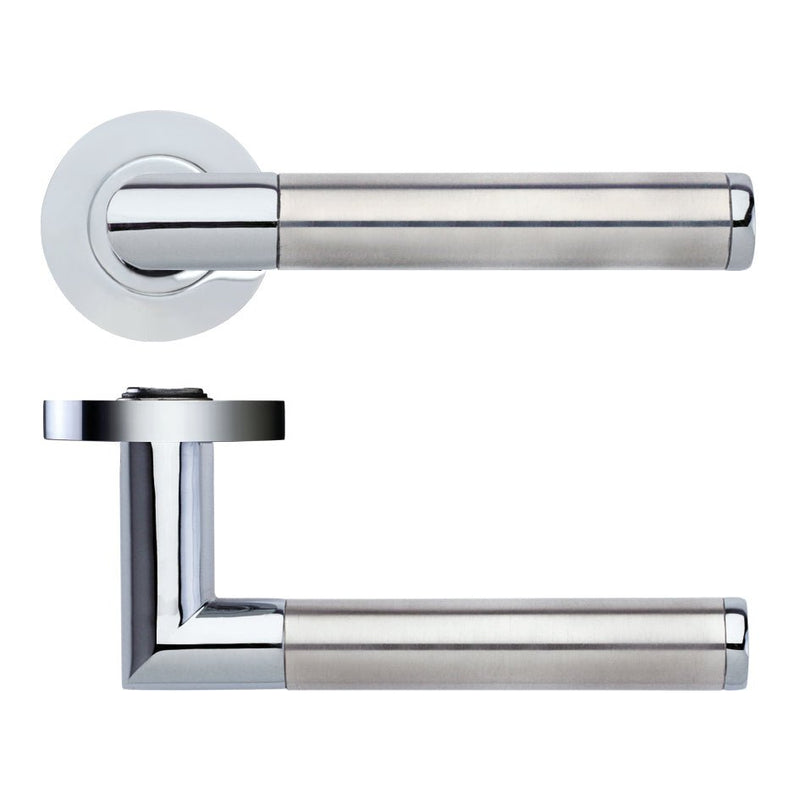 Zoo Hardware Luna lever on round rose in polished chrome stainless steel, featuring a sleek, contemporary design with cylindrical grips and a round rose backplate.