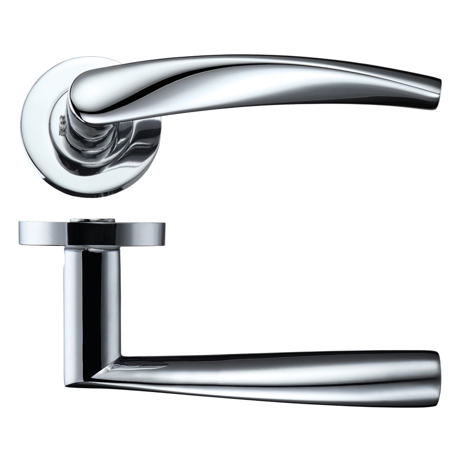 Zoo Hardware Vesta lever on round rose in polished chrome finish, featuring a curved lever handle design mounted on a round rose plate.
