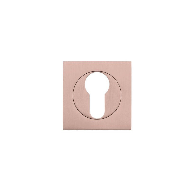 Zoo Hardware Square Escutcheon - Euro Profile in a rose gold finish, featuring a square design with a circular keyhole cutout. Made from durable metal for secure installation and aesthetics.