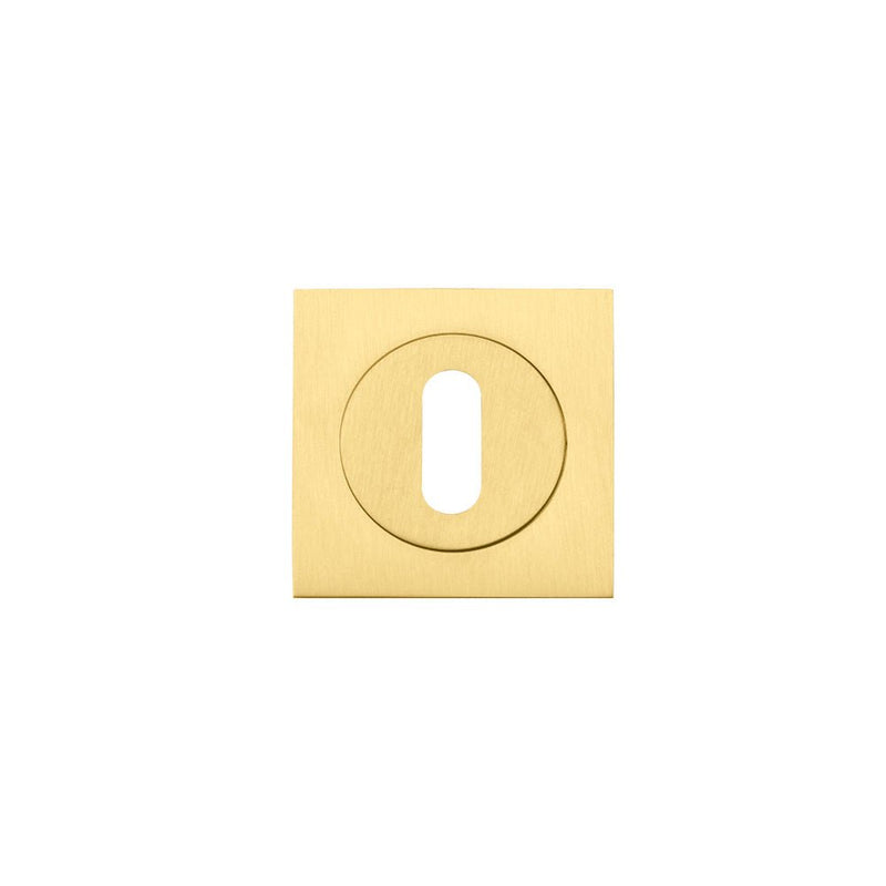 Zoo Hardware Square Escutcheon in a brushed brass finish, featuring a square shape with a central keyhole opening, designed for standard keyway use.
