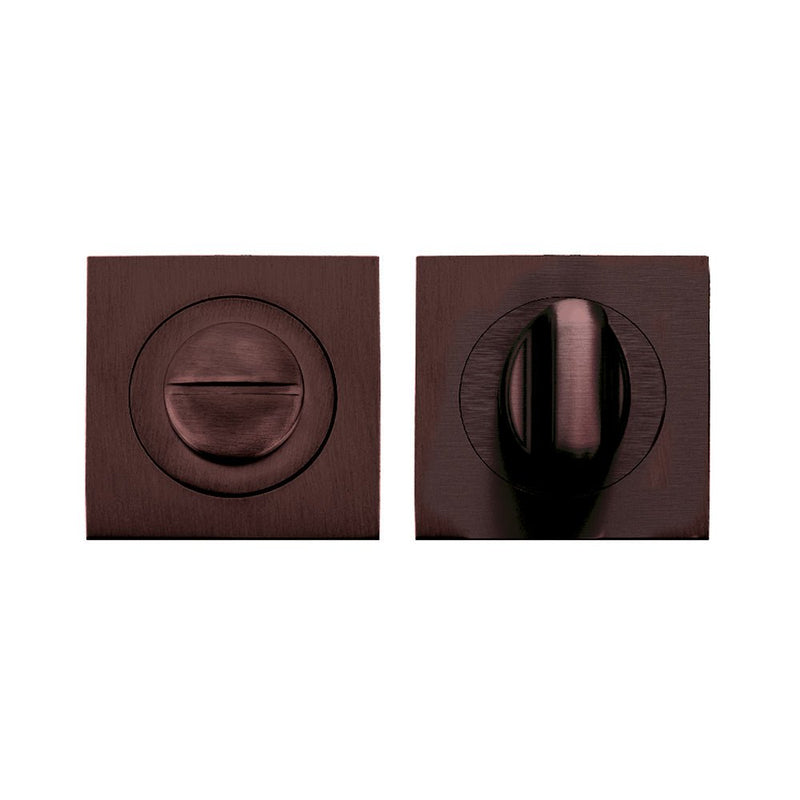 Zoo Hardware Turn & Release - on Square rose in a dark bronze finish, featuring a circular turn knob and a square rose plate with a matching color.