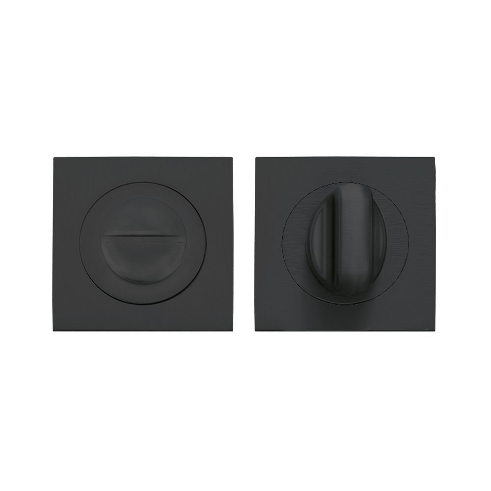 Zoo Hardware Turn & Release - on Square rose, featuring a sleek black finish with a round release mechanism and a square rose plate, suitable for interior doors.