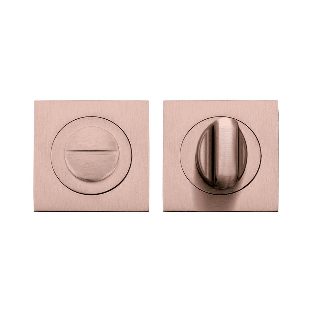 Zoo Hardware Turn & Release on Square rose in brushed bronze finish, featuring a round turn mechanism on a square mounting plate for added security and privacy.