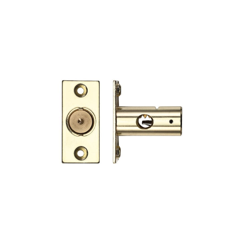 Zoo Hardware Rack Bolt 37mm in brass finish, featuring a cylindrical bolt mechanism and a rectangular mounting plate with two screw holes for secure installation.