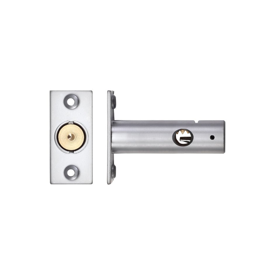 Zoo Hardware Rack Bolt 61mm in chrome finish, made of durable metal, featuring a brass cylinder and a simple, rectangular faceplate design.