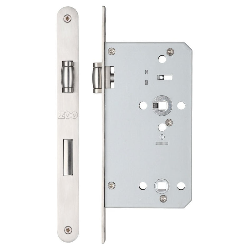 Zoo Hardware Roller Din Bathroom lock with 78mm centers and a 60mm backset, featuring a stainless steel finish and a rectangular faceplate with a cutout for the latch mechanism.