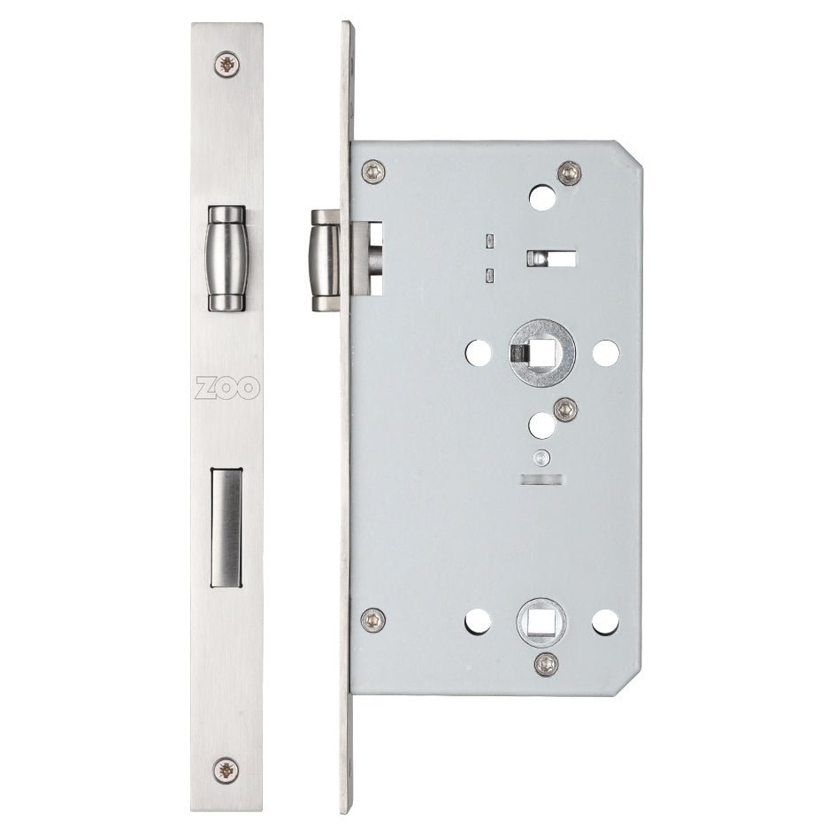 Zoo Hardware Roller Din Bathroom lock with 78mm centres and a 60mm backset, featuring a stainless steel faceplate and bolt mechanism for durability.