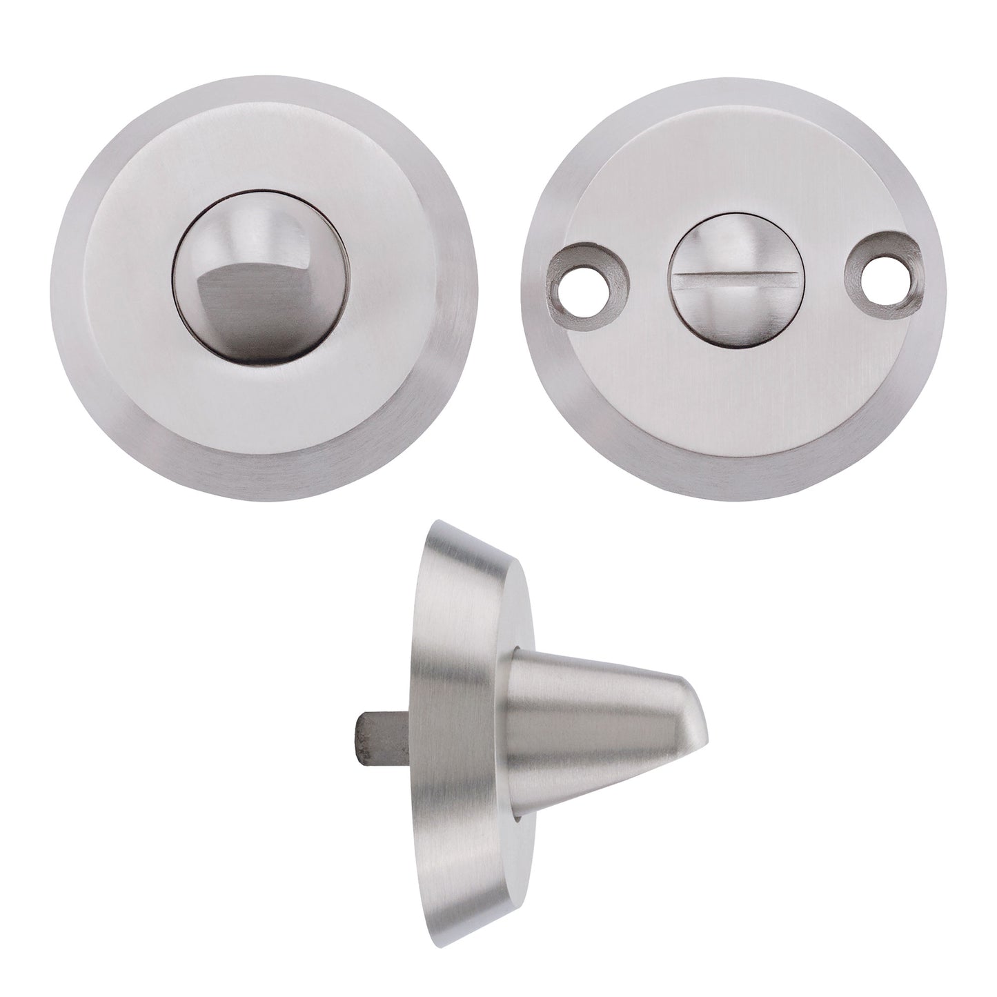 Zoo Hardware Anti-Ligature Turn & Release Set with a 5mm spindle, featuring a satin stainless steel finish. The set includes a round turn knob and a release mechanism, both designed for secure door installations.