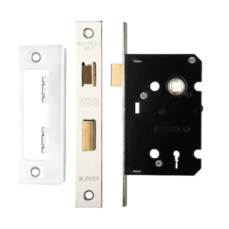 Zoo Hardware 3 Lever Sash Lock – Smaller Case features a steel construction with a chrome finish. The set includes a faceplate, a bolt, and the lock mechanism, designed for secure locking.