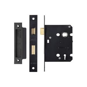 Zoo Hardware 3 Lever Sash Lock – Smaller Case in black finish, consisting of a lock body, strike plate, and keyhole cover, made from durable metal materials.