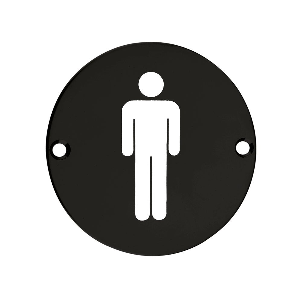 Zoo Hardware Male Symbol Sign in a round black metal design featuring a white male figure icon, with two holes for easy mounting.
