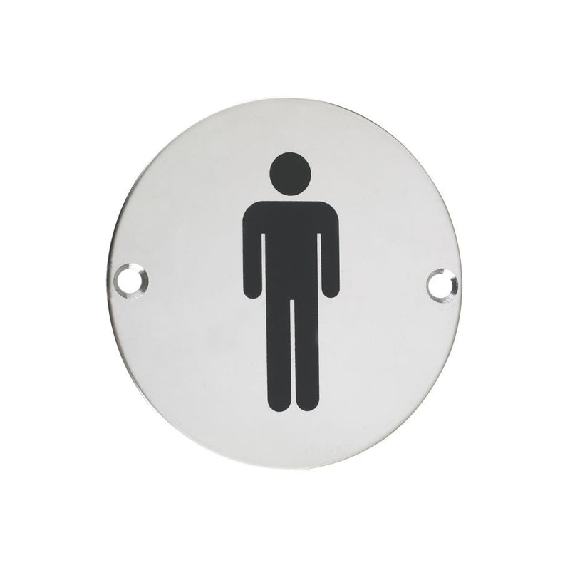 Zoo Hardware Male Symbol Sign in a circular shape, featuring a black male figure on a polished silver background, designed with two holes for easy mounting.