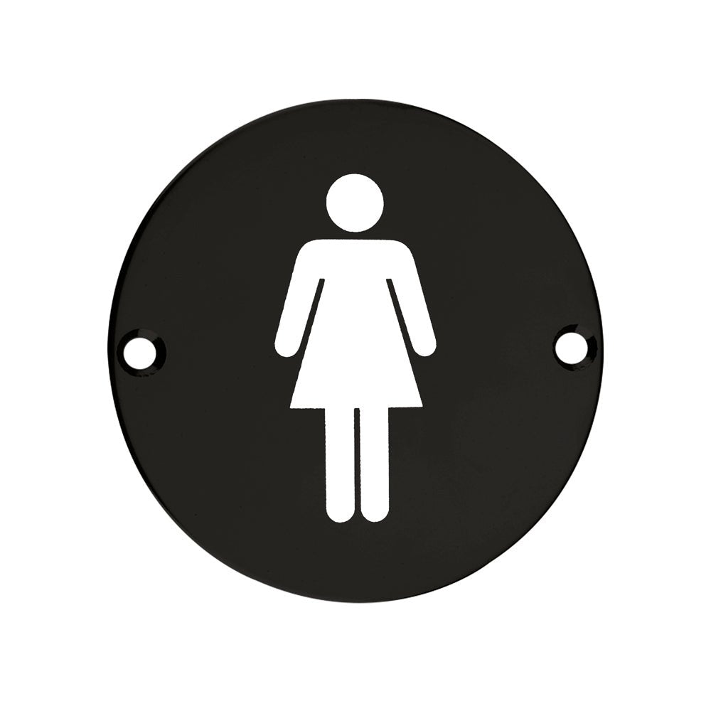 Zoo Hardware Female Symbol Sign in black with a white female figure icon, designed in a circular shape, featuring two mounting holes for easy installation.