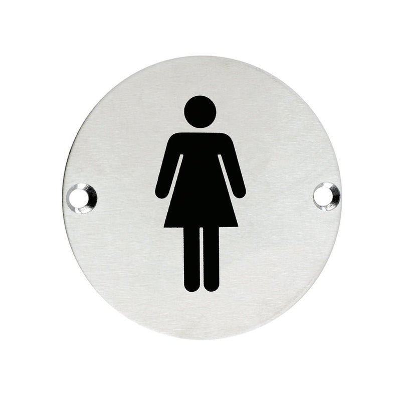Zoo Hardware Female Symbol Sign in round brushed metal with a black female figure design. The sign features two mounting holes for easy installation.