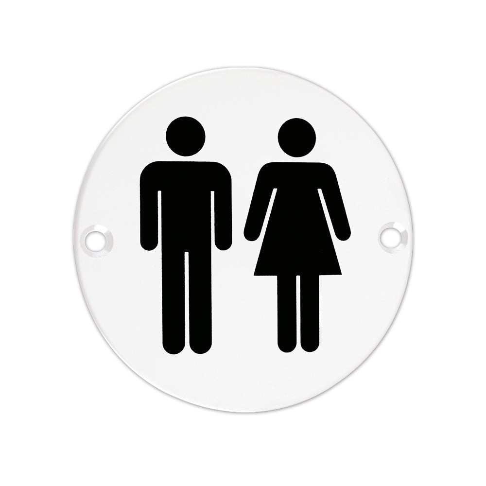 Zoo Hardware Unisex Symbol Sign featuring a black male and female silhouette on a circular white background, designed for restroom identification.