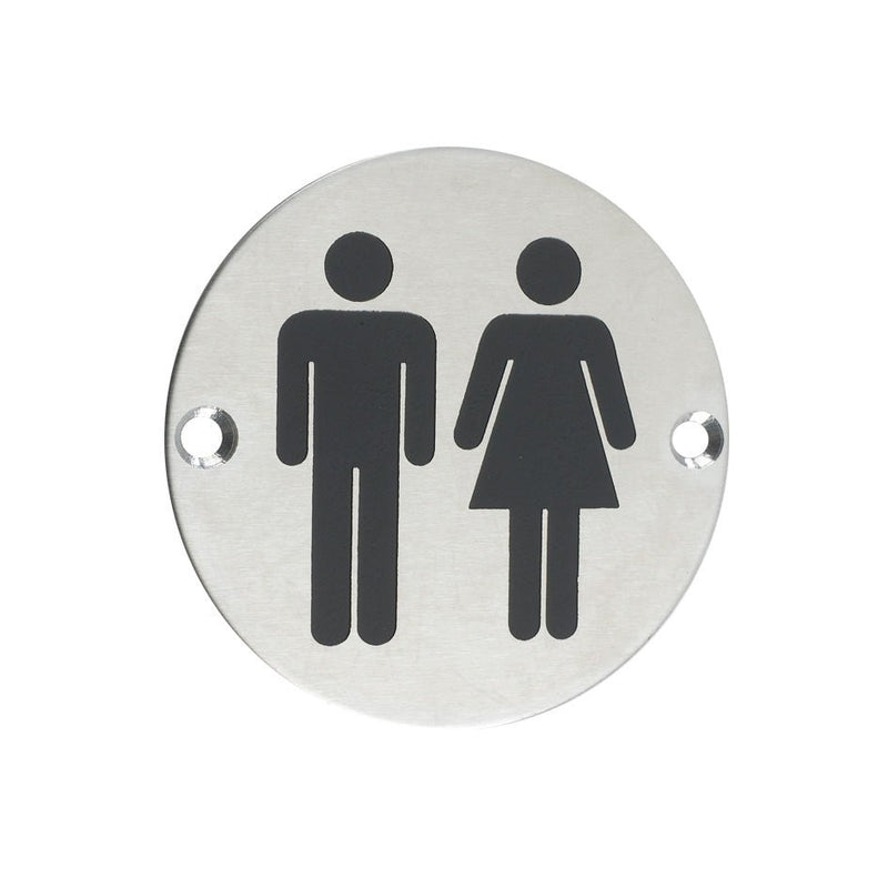 Zoo Hardware Unisex Symbol Sign made of stainless steel, featuring silhouettes of a male and female figure in black. The sign is circular with two mounting holes for installation.